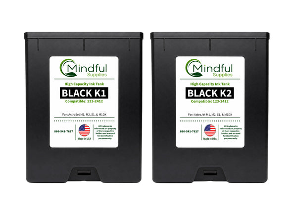 Compatible Astro 123-2412 Black K1 and K2 250ml Memjet Ink Tanks 2 Pack for AstroJet M1 M2 S1 and M1DX by Mindful Supplies